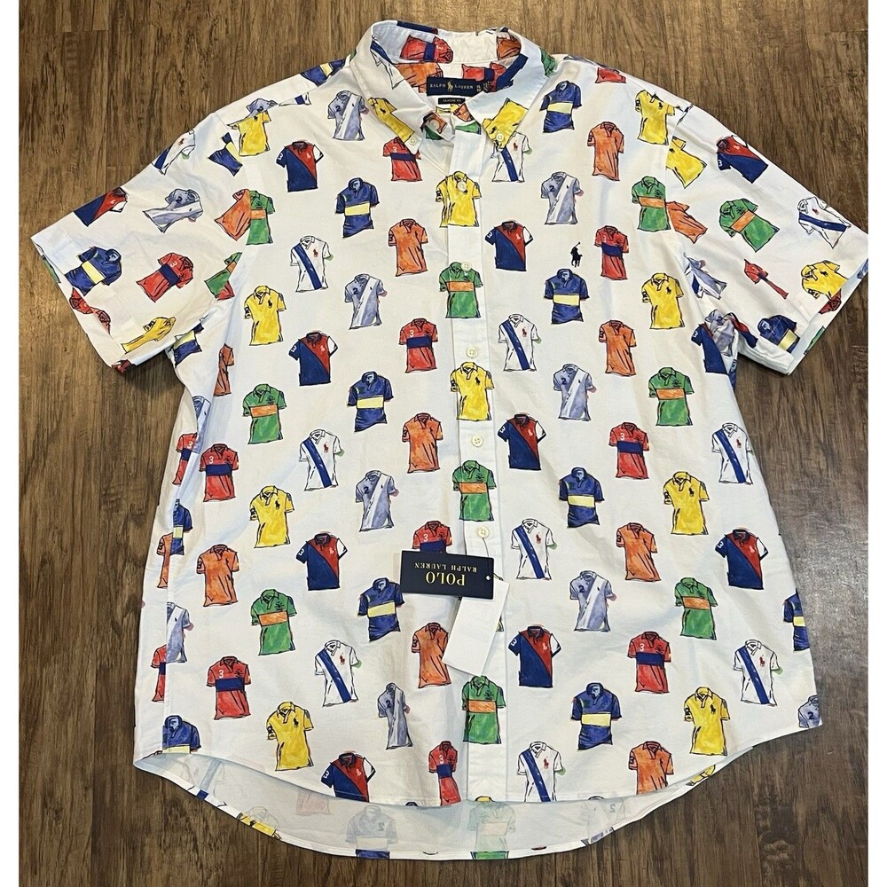 Polo Ralph Lauren Button Shirt Men XL White Multi All Over Print Novelty Classic